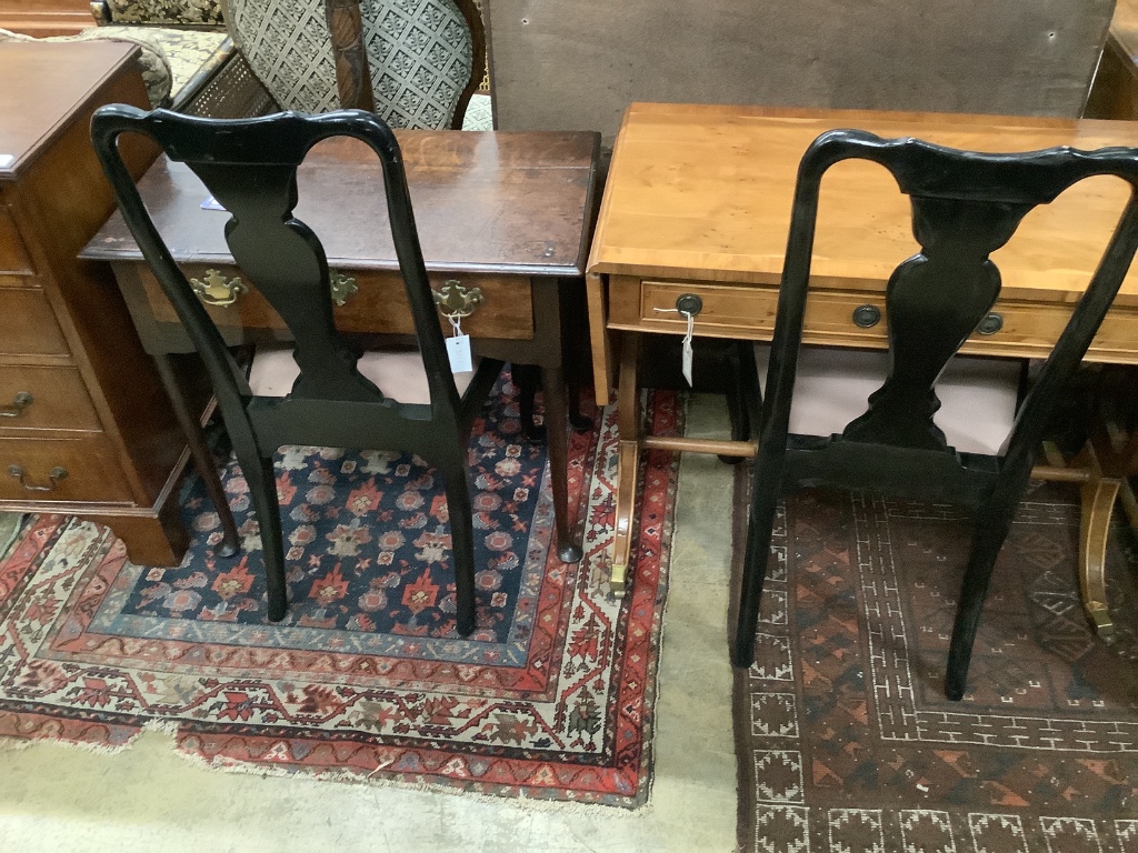 A set of six Queen Anne style ebonised dining chairs, two with arms